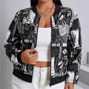 Slogan & Floral Print Zip Up Bomber Jacket